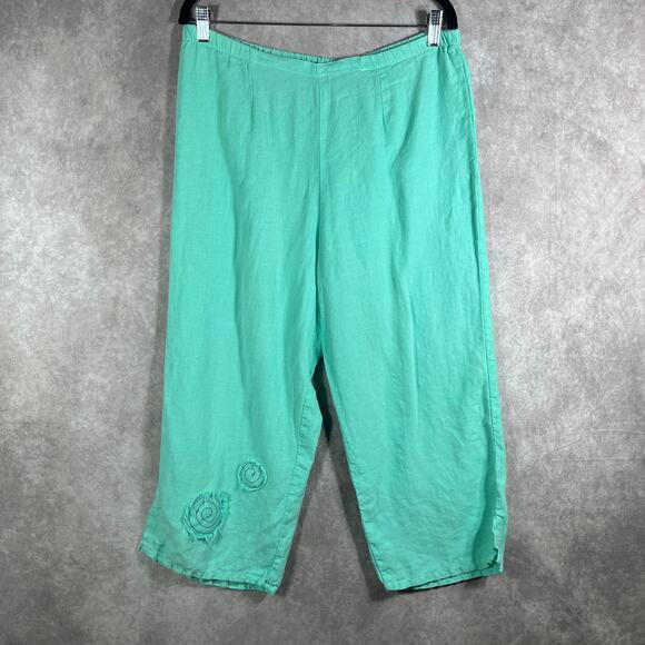 Liz And Jane Pants Womens Medium Green Linen Pull On Capris Beach Travel Office - Picture 1 of 10